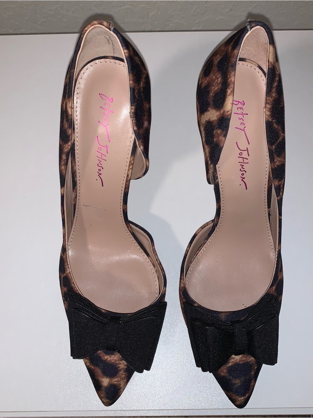 Betsey Johnson Leopard Print Pointed Toe Pumps with Black Bow Accent